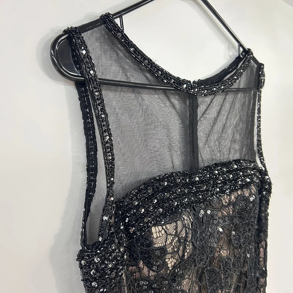 Rina di Montella Black Lace Sequin Cocktail Dress 10 Illusion Mesh Beaded Formal
